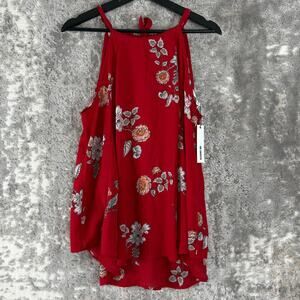 NEW BB Dakota Size M Floral Print Sleeveless Top Red Tie Cutout Blouse Pullover